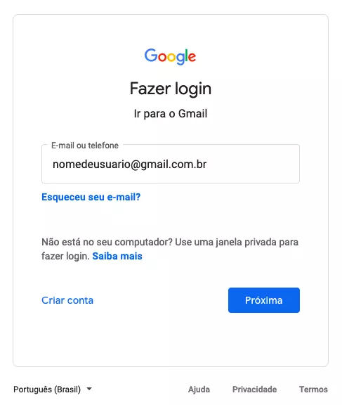 Gmail Entrar Login Campo de usuário do email do Gmail