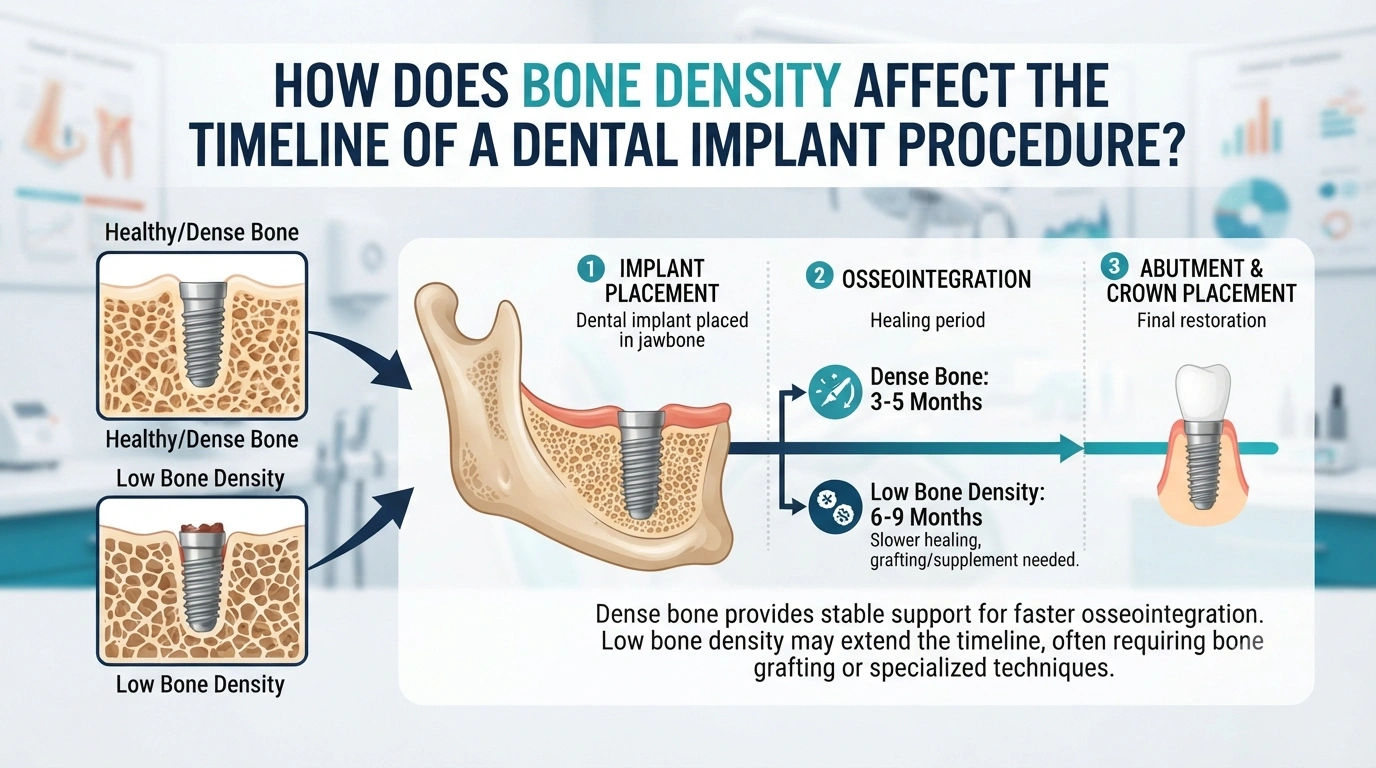 How does bone density affect the timeline of a dental implant procedure?