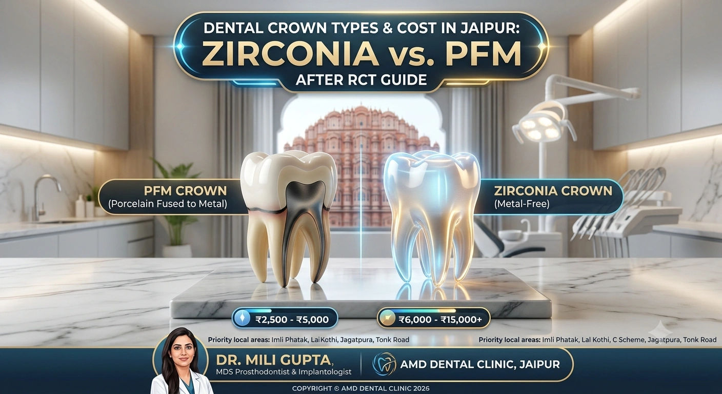 Dental Crown Types & Cost in Jaipur: Zirconia vs PFM After RCT (2026 Guide) Dental Crown Types & Cost in Jaipur: Zirconia vs PFM After RCT (2026 Guide)