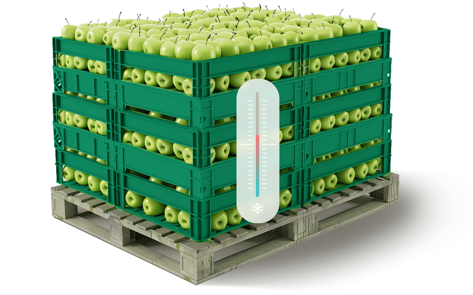 perishable food in crates and a thermometer indicator