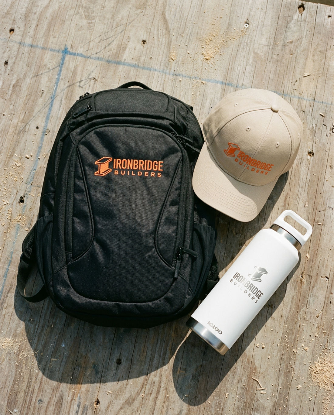 Construction Crew gift kit with engraved Igloo bottle, embroidered Port Authority Form backpack, and Easy Care cap