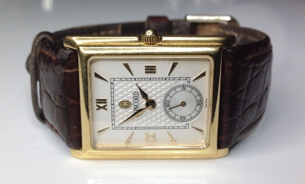 Estate Men’s 18K Yellow Gold Concord Watch With Brown Leather Band 27 Grams