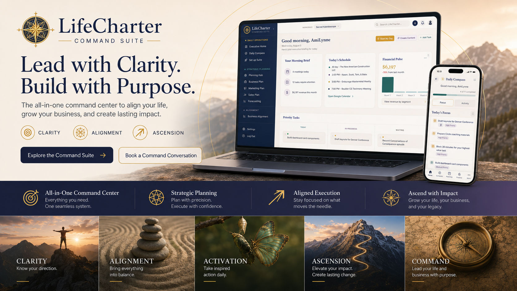Lead with clarity. Build with purpose. — the all-in-one Command Suite to bring your life and business into one system, grow, and create lasting impact.
