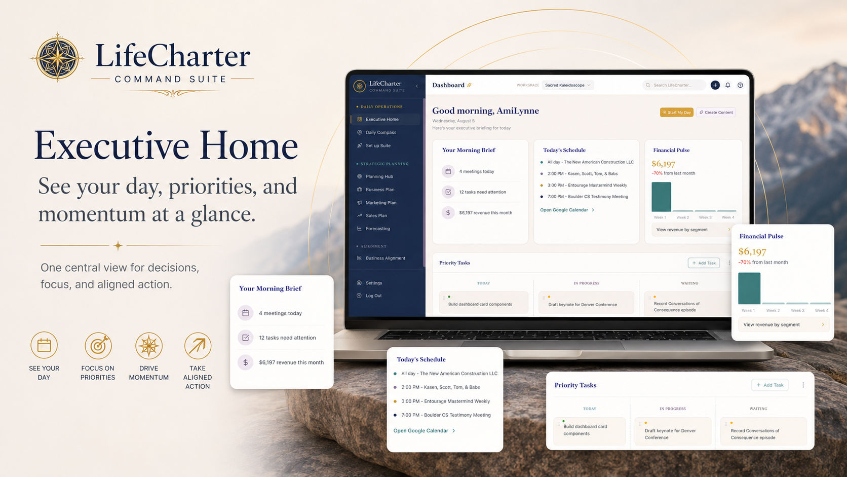 Executive Home — see your day, priorities, and momentum at a glance