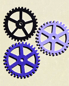 Three interlocking gears turning together.