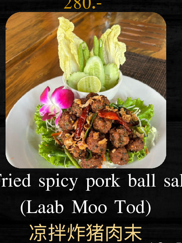Fried spicy pork ball salad (Laab Moo Tod)