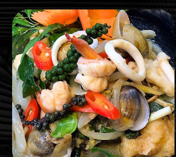 Stir-Pad Chaa Talay (Seafood) Thai-style spicy stir-fried seafood