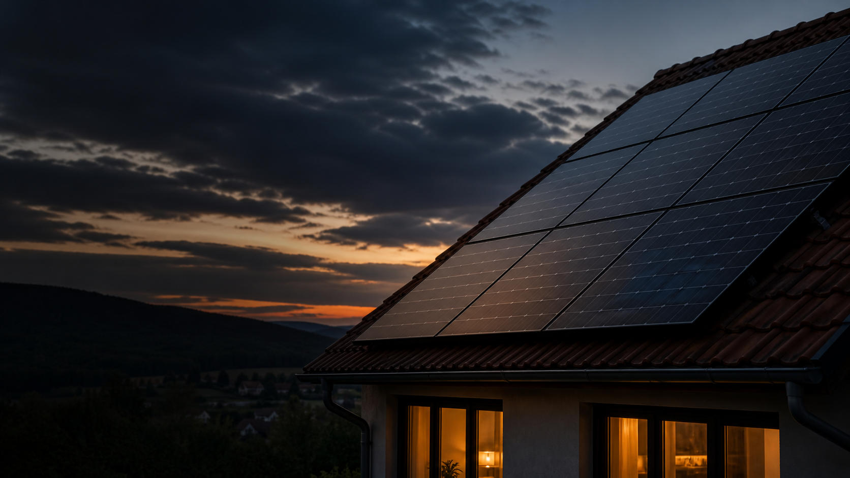 PV-Module auf einem Ziegeldach im Abendlicht.