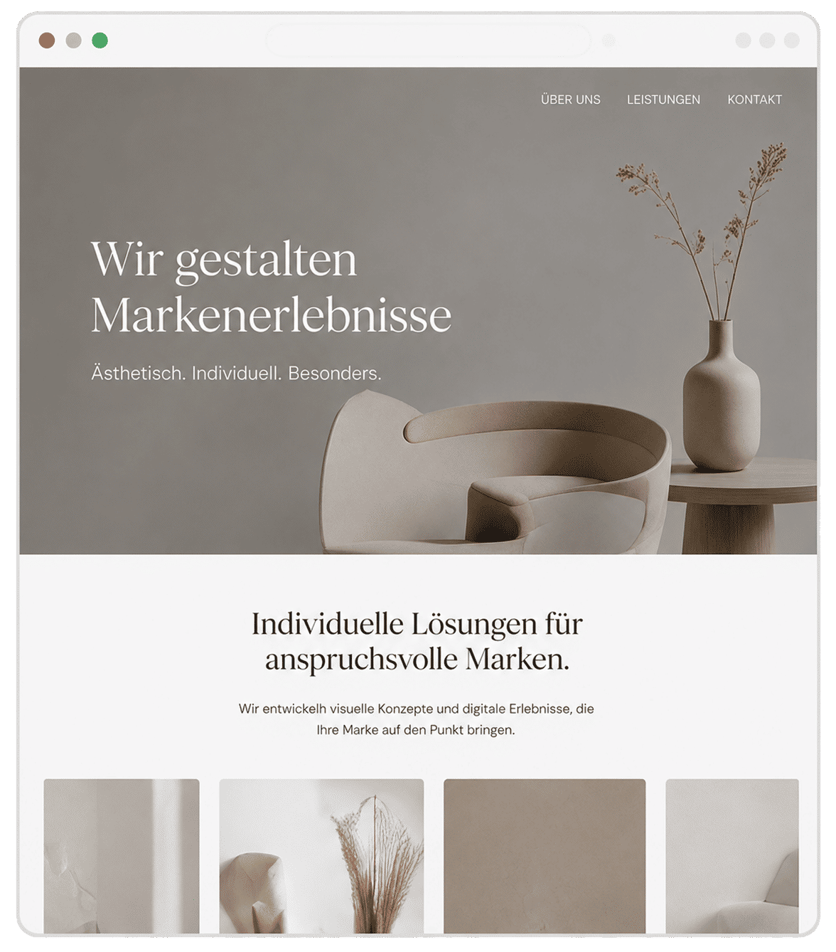 Beispielhafter Screenshot einer ästhetischen Webseite, die Besucher nicht zur Anfrage führt.