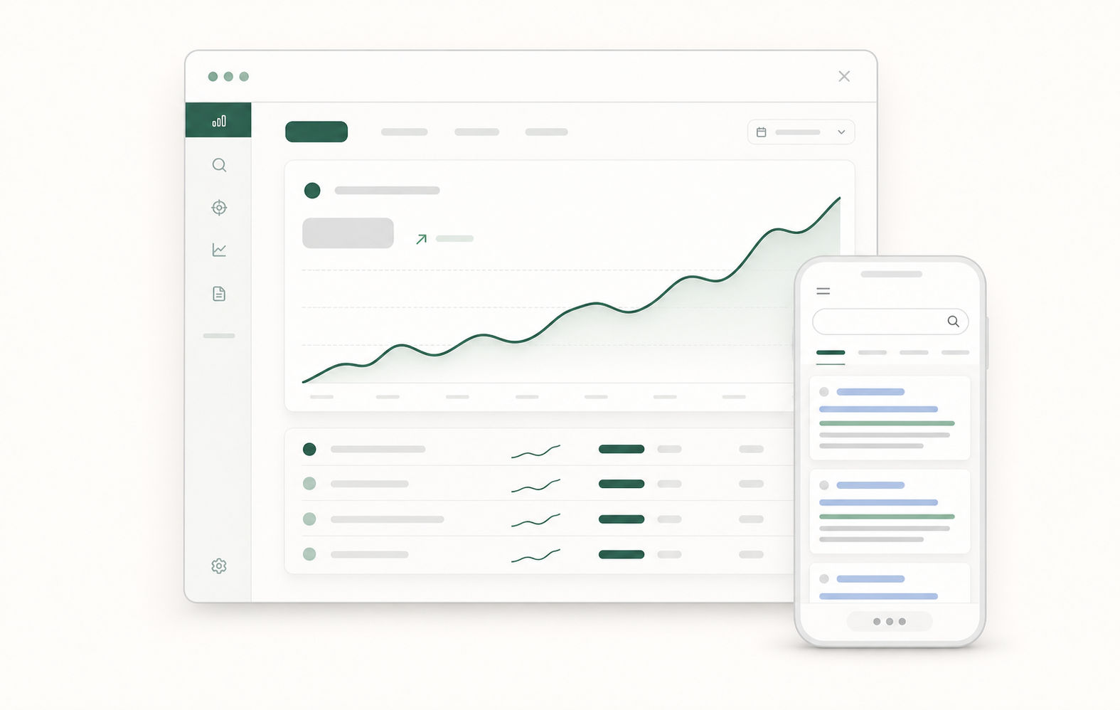 Illustriertes SEO-Dashboard mit steigender Sichtbarkeitskurve, Ranking-Tabelle und Google-Suchergebnissen auf dem Smartphone.