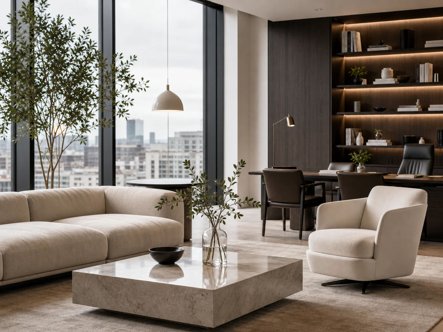 Diskreter Beratungsbereich von Real Estate First mit Lounge und Besprechungstisch