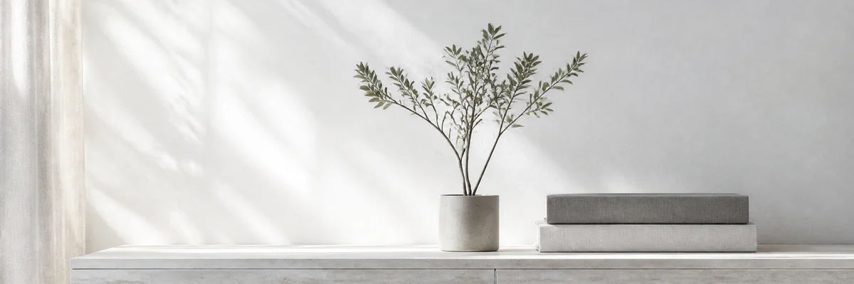 Minimalistisches Interieur mit Pflanze und Büchern