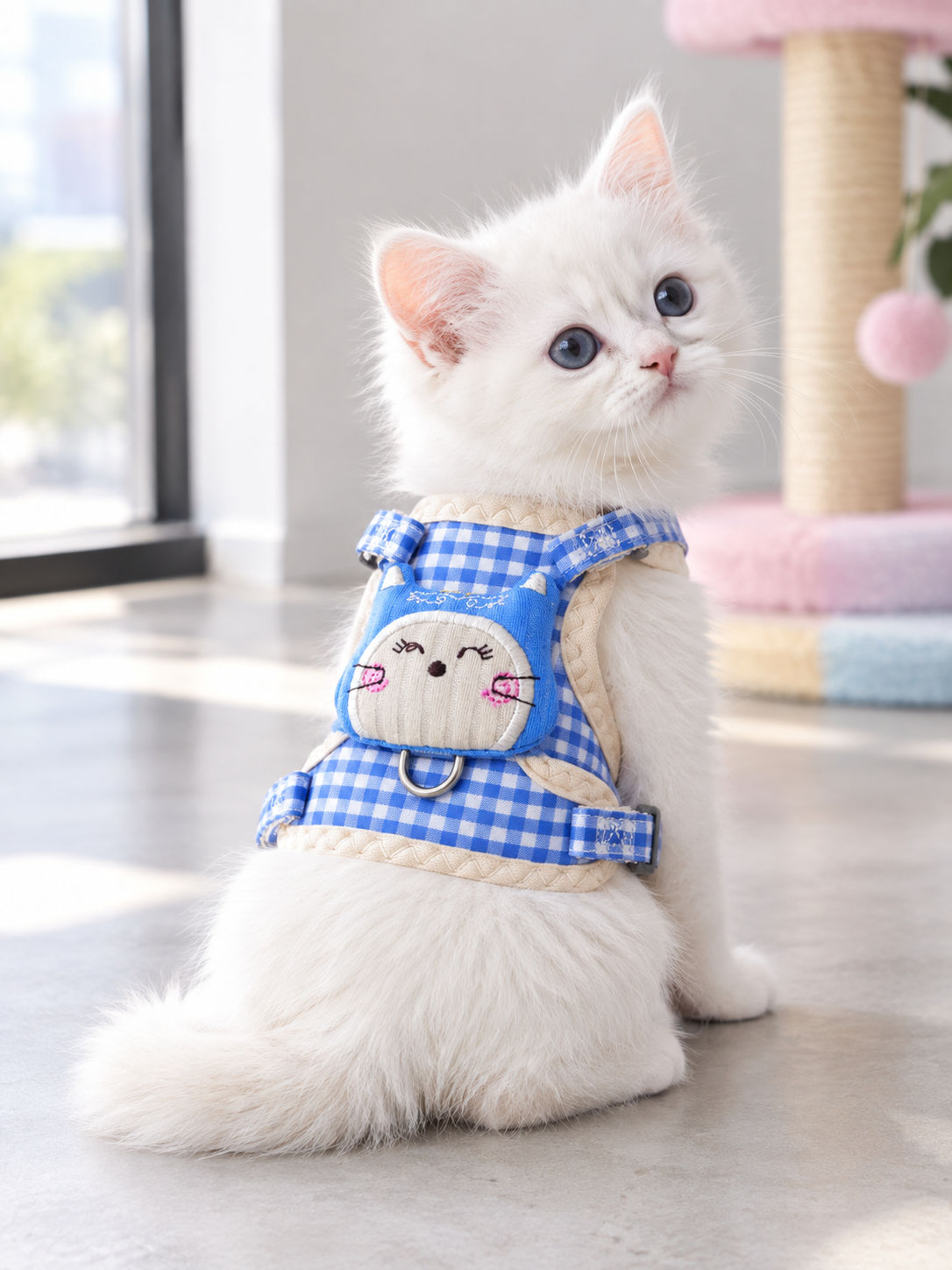 Cute Gingham Cat Harness and Leash Set with Embroidered Kitty Face - Small image 2