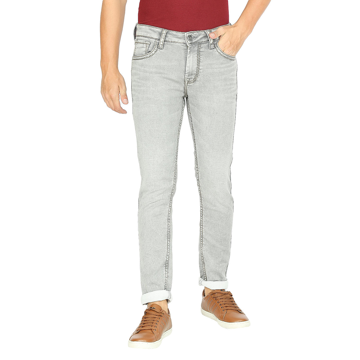 Lawman Grey Skinny Fit Solid Jeans For Men