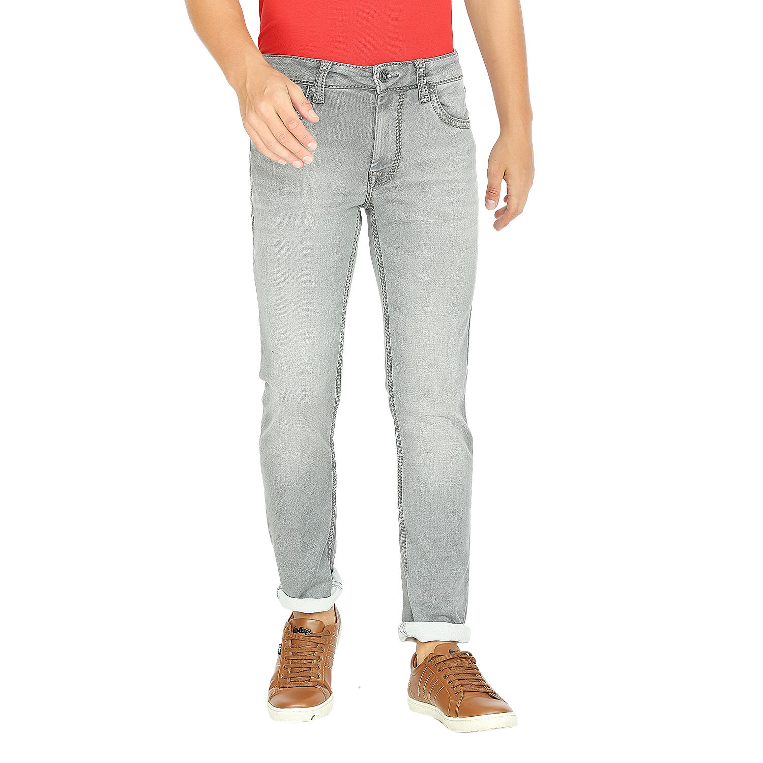 Lawman Grey Slim Fit Solid Jeans For Men