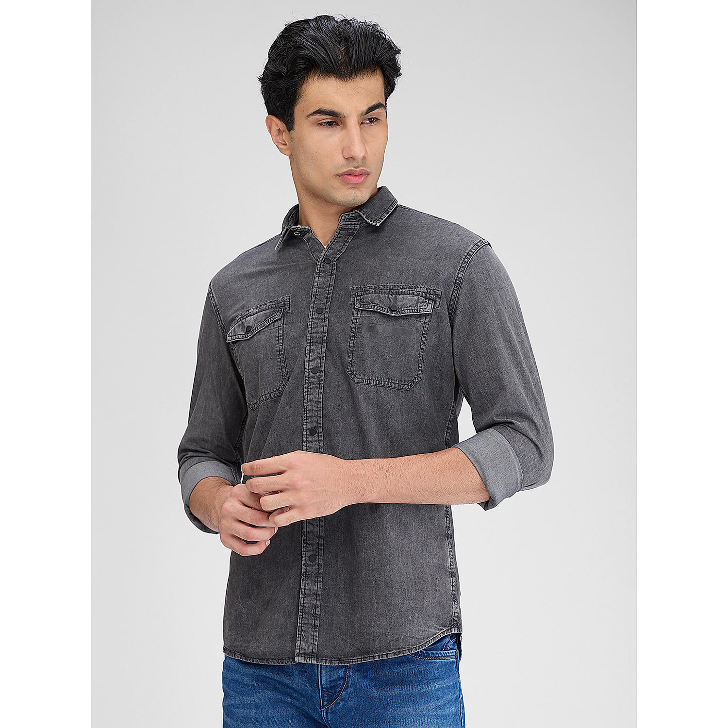 Lawman Solid Slim Fit Dark Grey Shirts