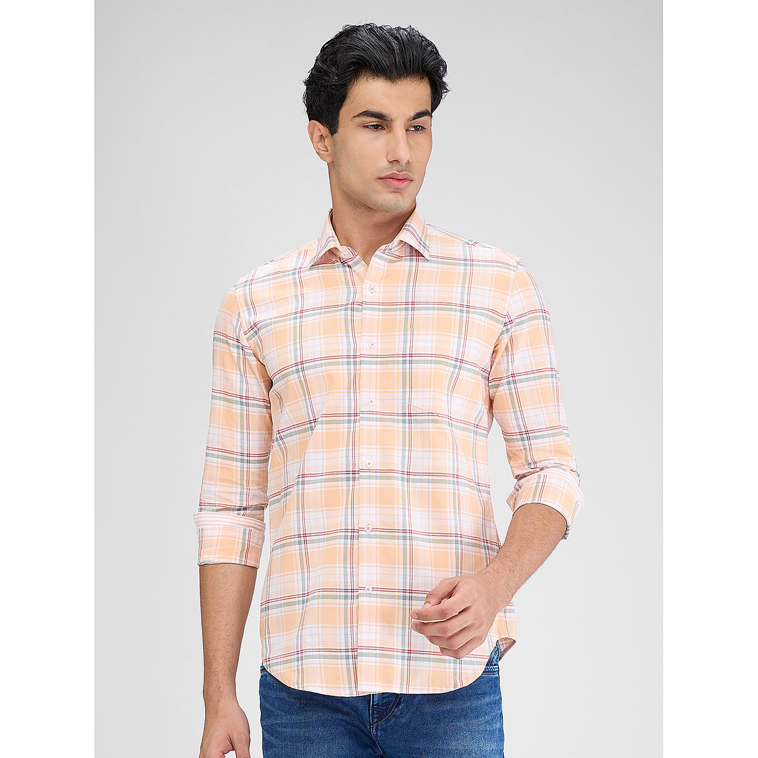 Lawman Checks Slim Fit Peach Shirts