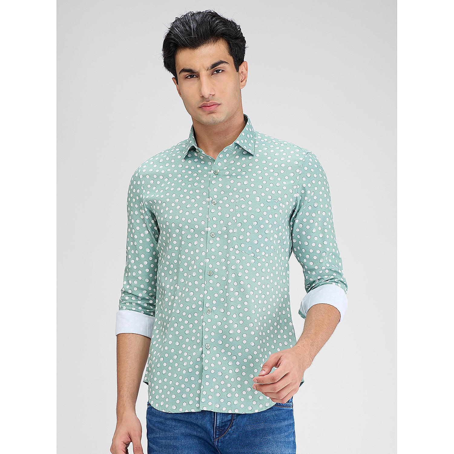 Lawman Polka Dots Slim Fit Green Shirts