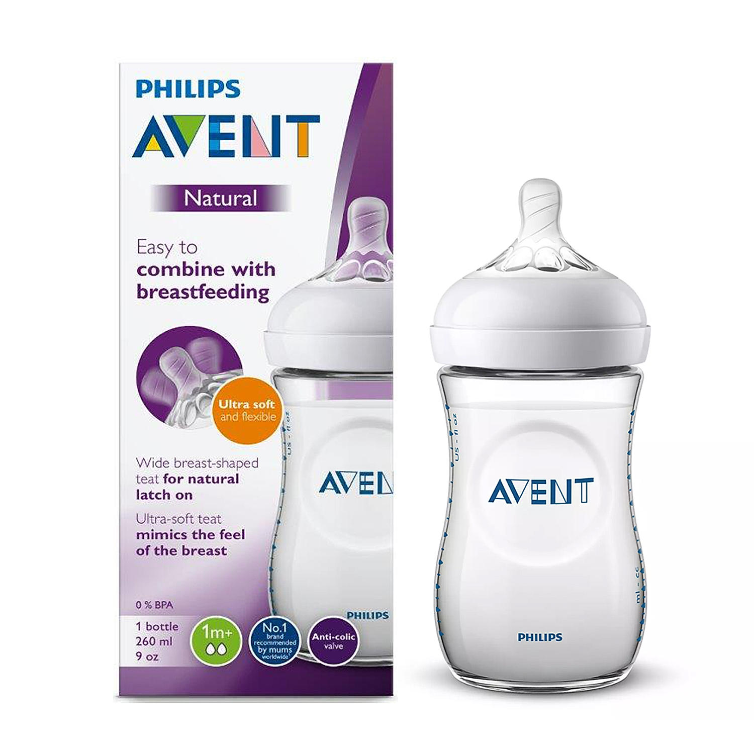 NEW PHILIPS AVENT NATURAL WIDE NECK BABY BOTTLES 3-PACK 9 OZ/260 ML BPA  FREE