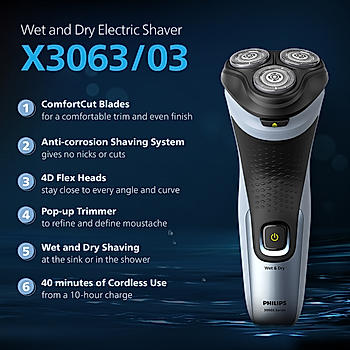 Electric Shaver - I SkinProtect Technology, Wet and Dry Shave, 4D Floating Heads, 27 Self Sharpening Blades, Pop-up Trimmer, Cordless, Waterproof X3063/03