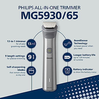 All in One Trimmer- I 13 in 1 for Face, Body & Intimate Area I Self Sharpening Steel Blades for Maximum Precision I BeardSense Technology | MG5930/65