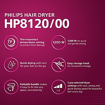 Hair Dryer- Thermoprotect Technology | On The Go Dryer | 3 Heat & Speed Settings | Quick, Gentle Drying for Shiny Hair | HP8120/00