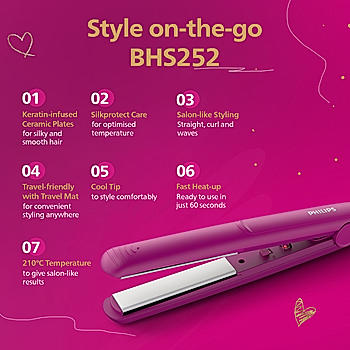 Hair Straightener - I SilkProtect Technology minimizes heat damage I Keratin infused Ceramic plates for glossy frizz-free straight hair | On-the-Go Travel Friendly Hair Straightener for Women | BHS252/00