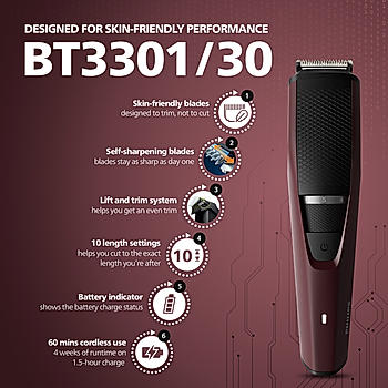 Beard Trimmer- Skin Friendly Beard Trimmer | 10 Length Setting | 60 Minutes Run Time | BT3301/30