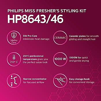 Styling Kit - | Hair Straightener and Dryer Combo | Silkprotect Technology | 1000W Hair Dryer| HP8643/46