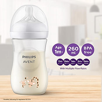 Avent- Natural Response Feeding Bottle for Babies I Age: 1 Month+ I 260ml | Giraffe Pattern | Pack of 1 | BPA Free SCY903/66