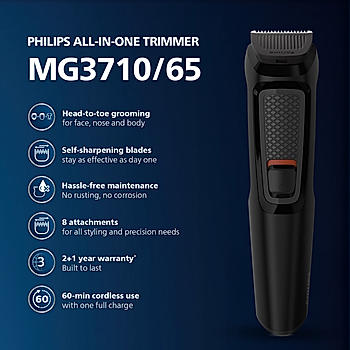 All in One Trimmer- | 9 in 1 Face, Ear, Nose and Body I Effortless Grooming at Home I Self Sharpening Stainless Steel Blades I No Oil Needed I 3 year warranty I 60 min runtime I MG3710/65