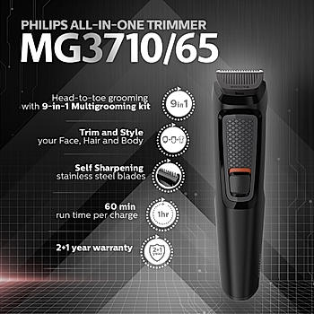 All in One Trimmer  - |  9 in 1 for Face, Head and Body | 60 Mins Run Time | MG3710/65