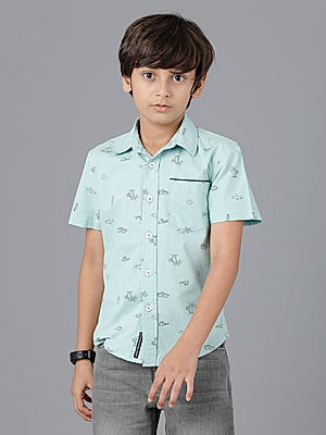 Under Fourteen Only Boys Cotton Printed Peached Poplin Half Sleeve Shirt 