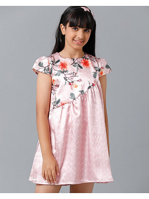 PRINTED SATIN DOBBY GIRLS DRESS