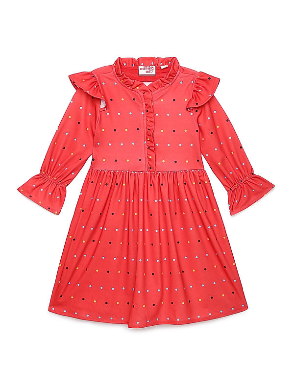 GIRLS FRILL COLLAR POLKA DOT PRINTED DRESS