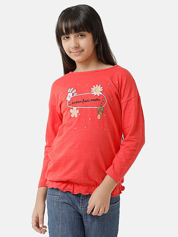 GIRLS FULL SLEEVE TOP WITH PRINT AND APPLIQUE ON CHEST