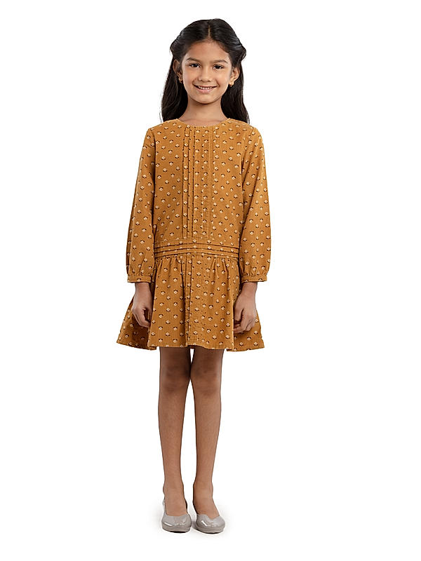 GIRLS FULL SLEEVE CORDROUY DRESS WITH PINTACKING STYLING