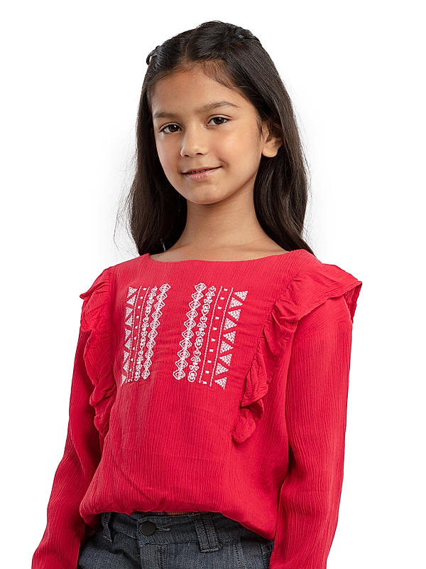 CRINKLE GIRLS TOP WITH EMBROIDERY ON FRONT CHEST