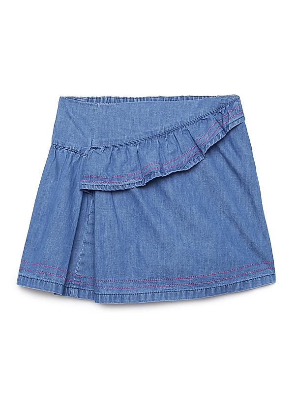 GIRLS LT.WEIGHT DENIM RUFFLED SHORT SKIRT WITH CONTRAST TOP STITCH DETAILS