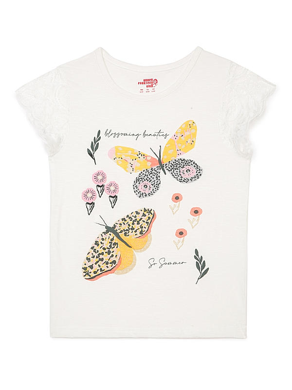 GIRLS ROUND NECK LACE SLEEVE PRINT EMBROIDERY T-SHIRT