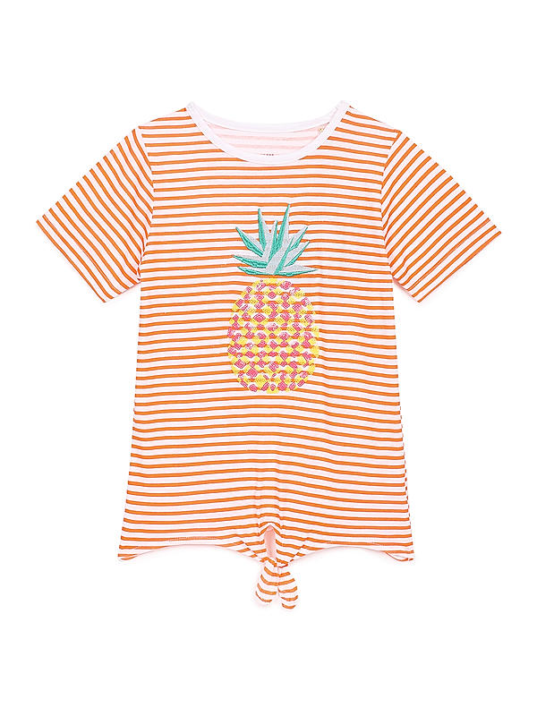 GIRLS ROUND NECK STRIPED TIE-UP T-SHIRT WITH SEQUINS DETAILS