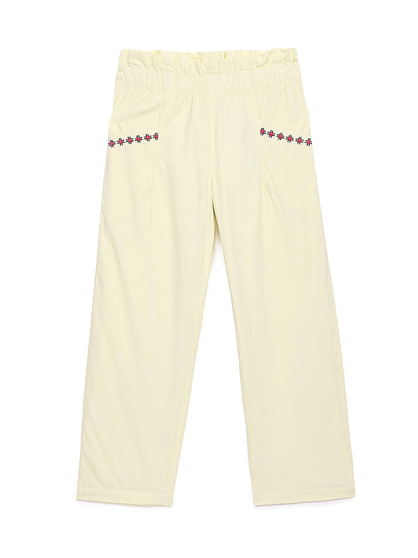 GIRLS COTTON DOBBY PAPER-BAG WAIST TROUSER WITH POCKET EMBROIDERY DETAILS