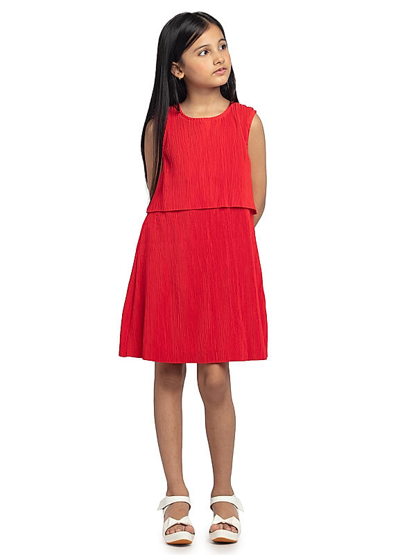 GIRLS SOLID A-LINE ACCORDIAN PLEATED DRESS