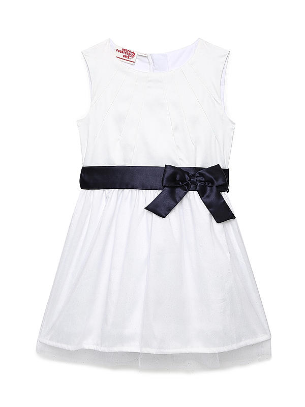 GIRLS SATIN PLEATED NECK SHIMMER TULLE TOP LAYER WITH SATIN WAIST BELT DRESS