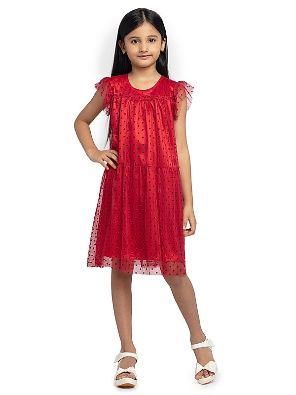 GIRLS SWISS DOT NET DBL RUFFLED SHORT SLEEVE GATHER DRESS