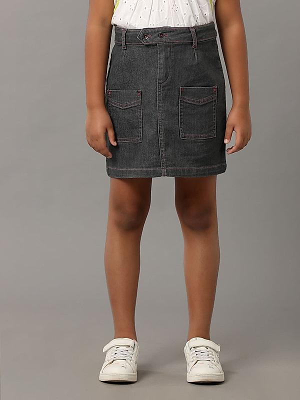 Denim Patch Pockets Long Belt Skirt