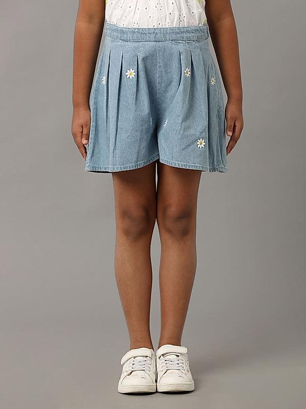 Denim All Over Embroidery Inverted Pleat Skirt