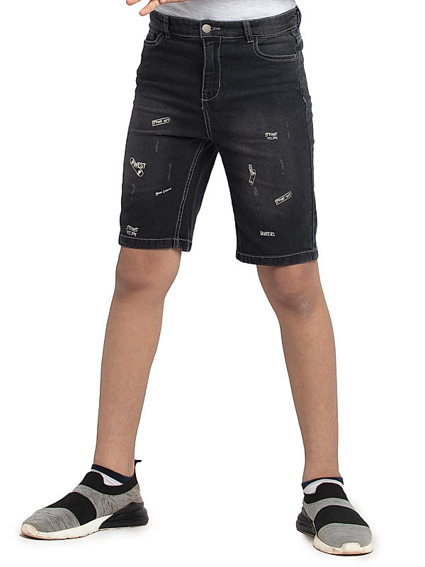 BOYS SLIM FIT PRINTED DISTRESSED WASH DENIM SHORTS