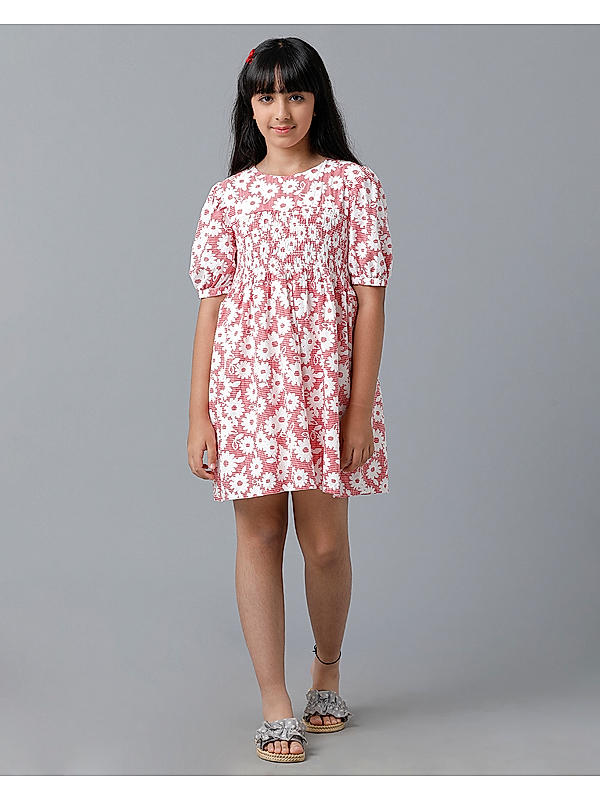 PRINTED SLUB REGULAR DRESS WITH SMOKING AT TOP