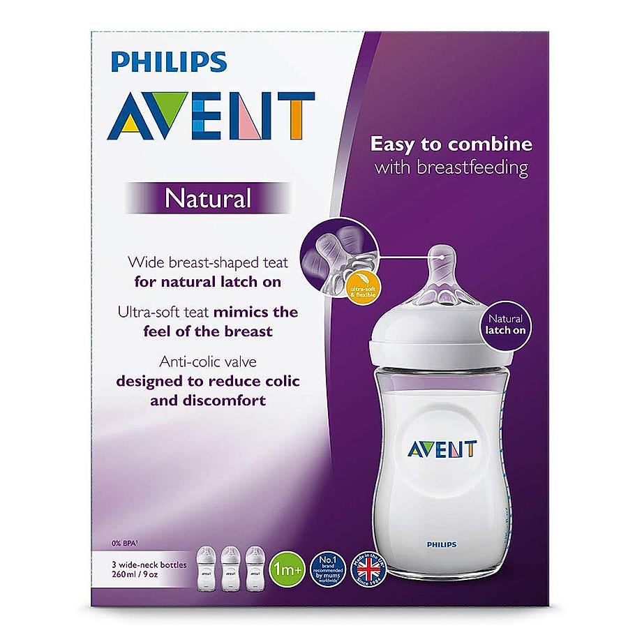 Avent Natural Bottle- | Ideal for 1 Month+ | Slow Flow | BPA Free | 260ml | No 1 Recommended Brand by Moms Worldwide | SCF033/10